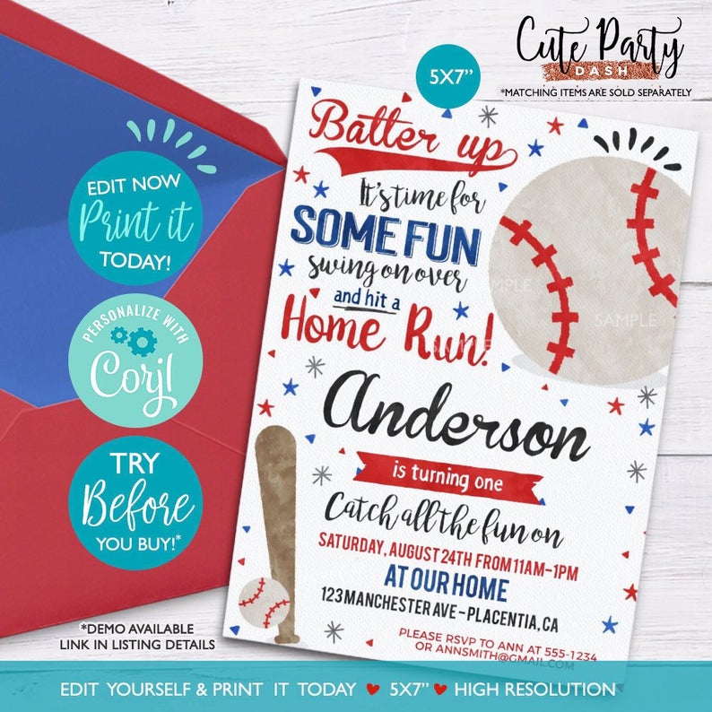 INSTANT DOWNLOAD – EDITABLE Baseball Birthday Party invitations Baseball Birthday corjl invitations Printable Watercolors Baseball Invite