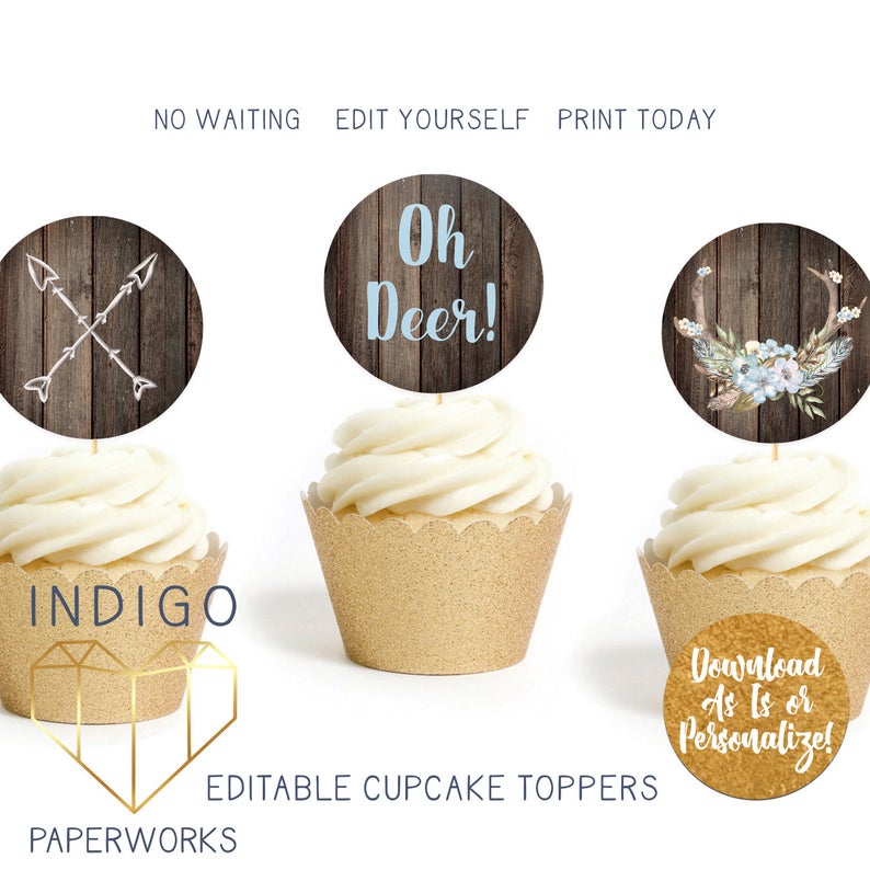 Rustic Wood Cupcake Toppers, Oh Deer Boho Baby Shower Floral Antlers Bohemian Flowers Theme DIY Custom Boys Baby Shower Party Favor Tags