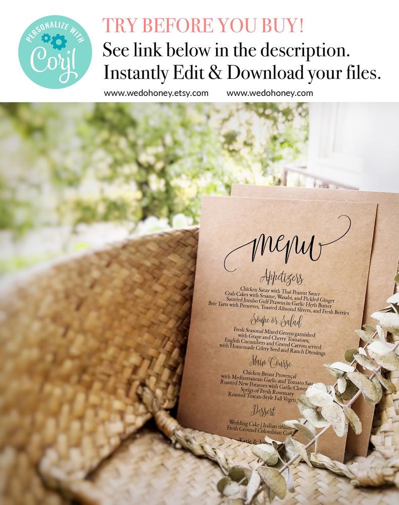 Rustic Menu Template, Fully Customizable Menu Printable, Calligraphy Wedding, Menu 3.75×9 and 5×7” Any Color, Print on Kraft