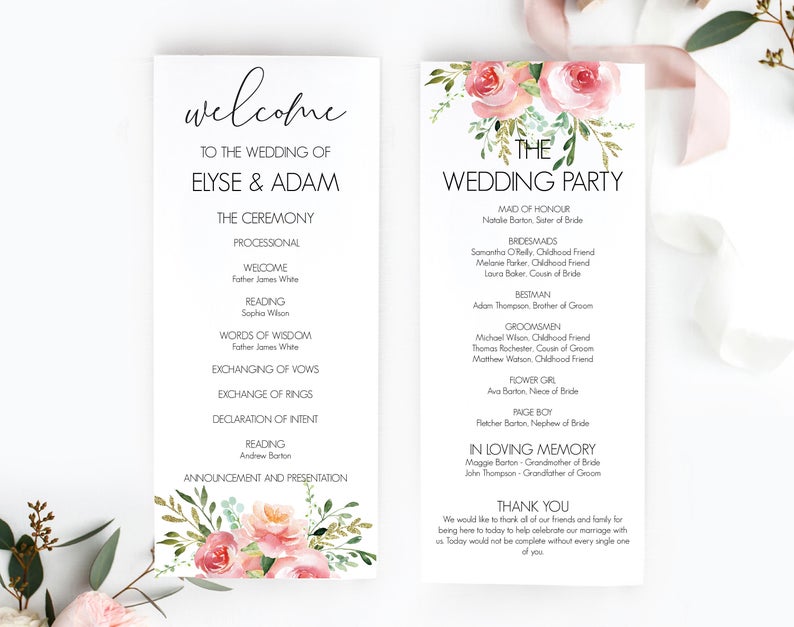 Printable Floral Wedding Program Template – Wedding Service Program – Order of Ceremony – Editable PDF – DIY Wedding Stationery