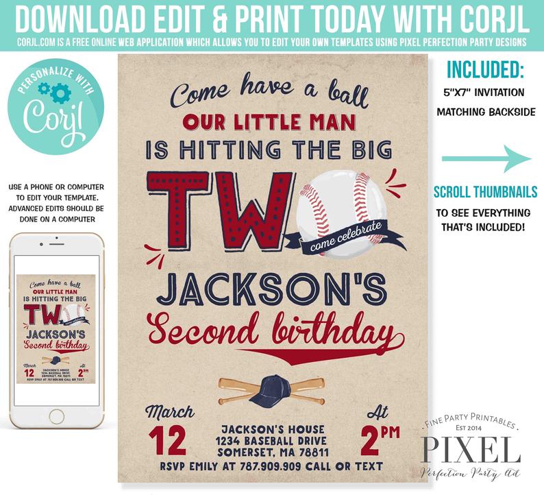 Baseball Invitation Baseball Birthday Invitation Baseball 2nd Birthday Invite Vintage Baseball 2nd Birthday Instant Editable File Corjl J2