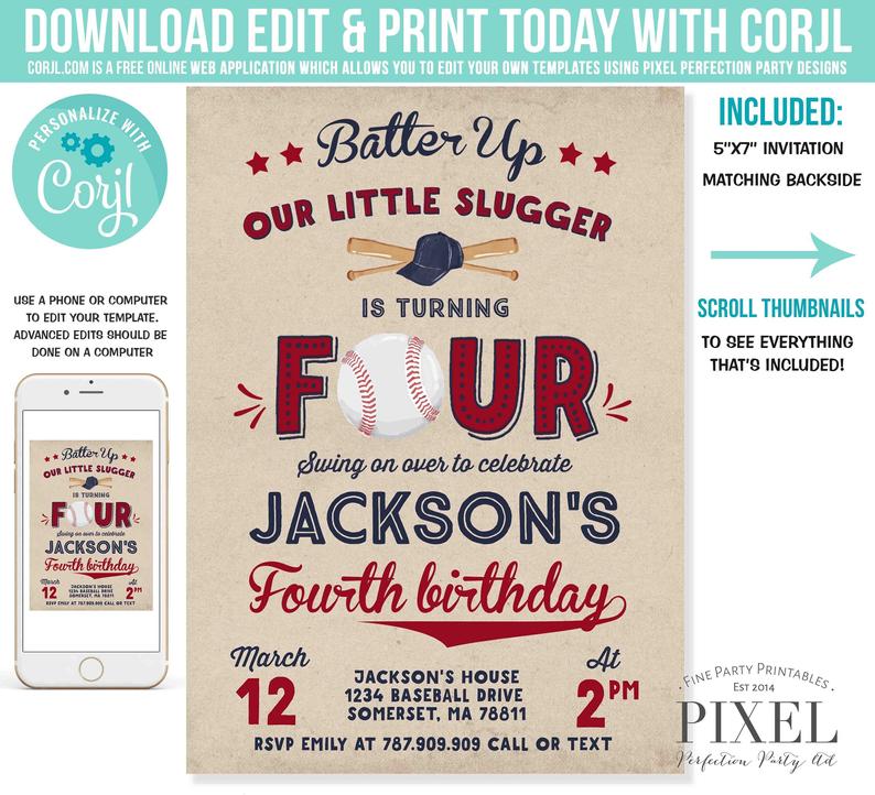 Baseball Invitation Baseball Birthday Invitation Baseball 4th Birthday Invite Vintage Baseball 4th Birthday Instant Editable File Corjl J2