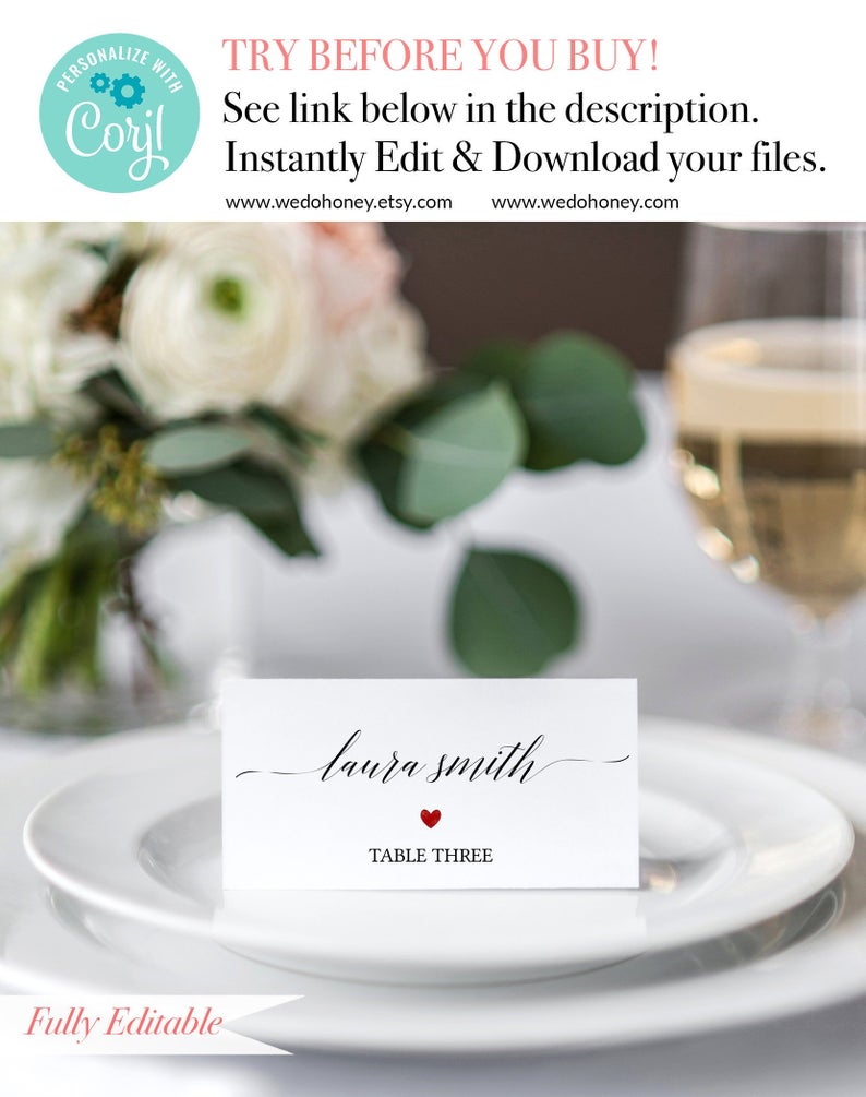 Editable Place Cards, Personalized Place Cards Names, Place Cards Holder Wedding, Editable Minimalist Calligraphy, #090_17