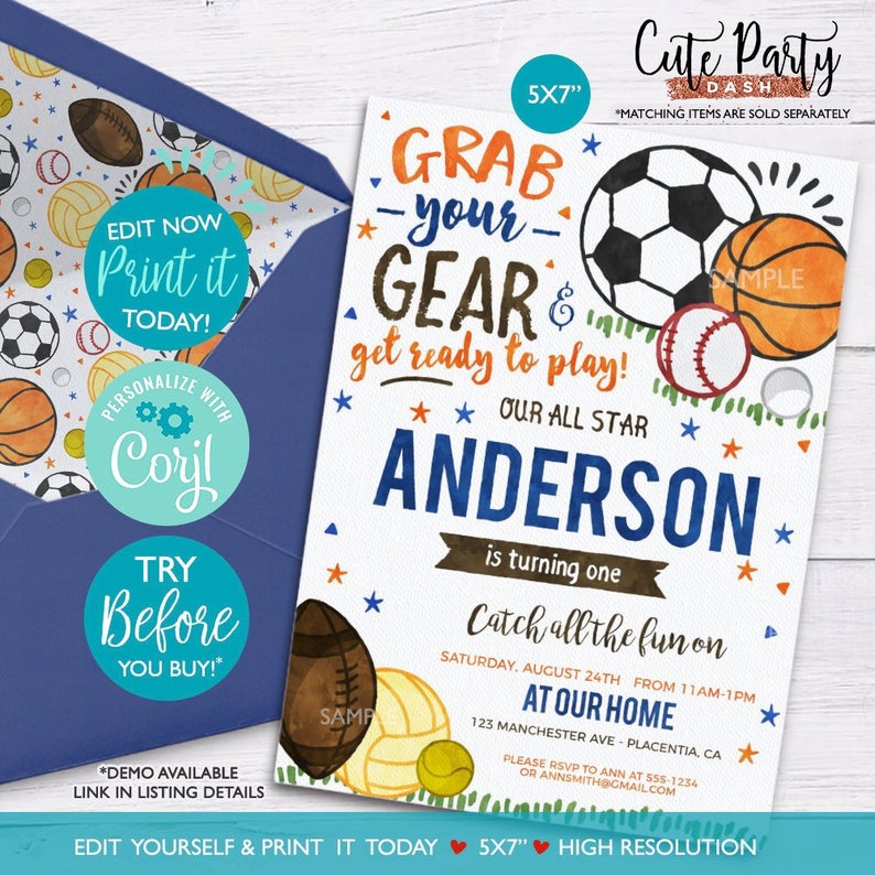 INSTANT DOWNLOAD – EDITABLE Sports Birthday Party invitations Sports Birthday corjl invitations Printable Sports Invite All Star Invitations