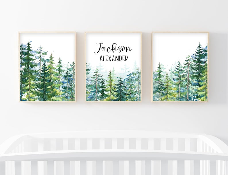EDITABLE Evergreen Tree Nursery Prints 8×10 Prints DIY Digital Template, Corjl, Gender Neutral Print Set Woodland Nursery Decor, Custom Name