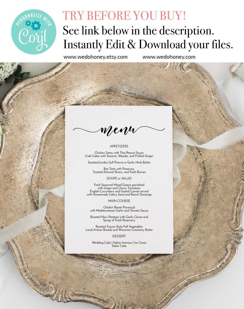 DIY Printable Wedding Menu Template, 5×7 and 4×6”, Fully Editable on Corjl