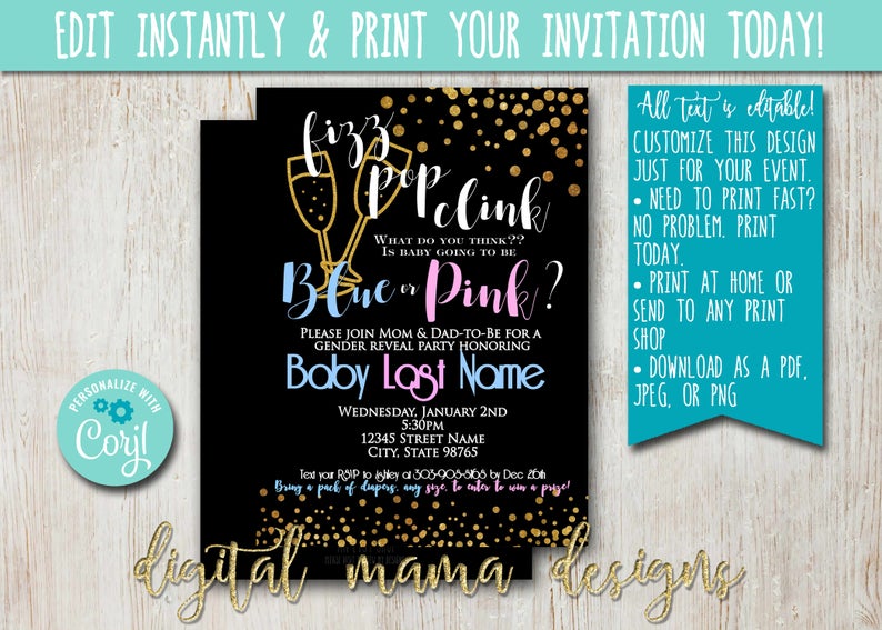 INSTANT ACCESS – Gold Glitter Gender Reveal Invitation – New Years Cheers Gender Reveal Invite – Champagne New Year Baby Shower Invitation