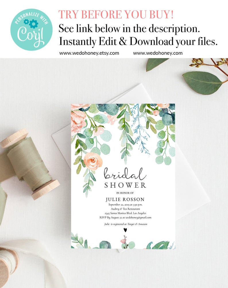 Romantic Bridal Shower Invitations, Boho Floral, Instant Download #048