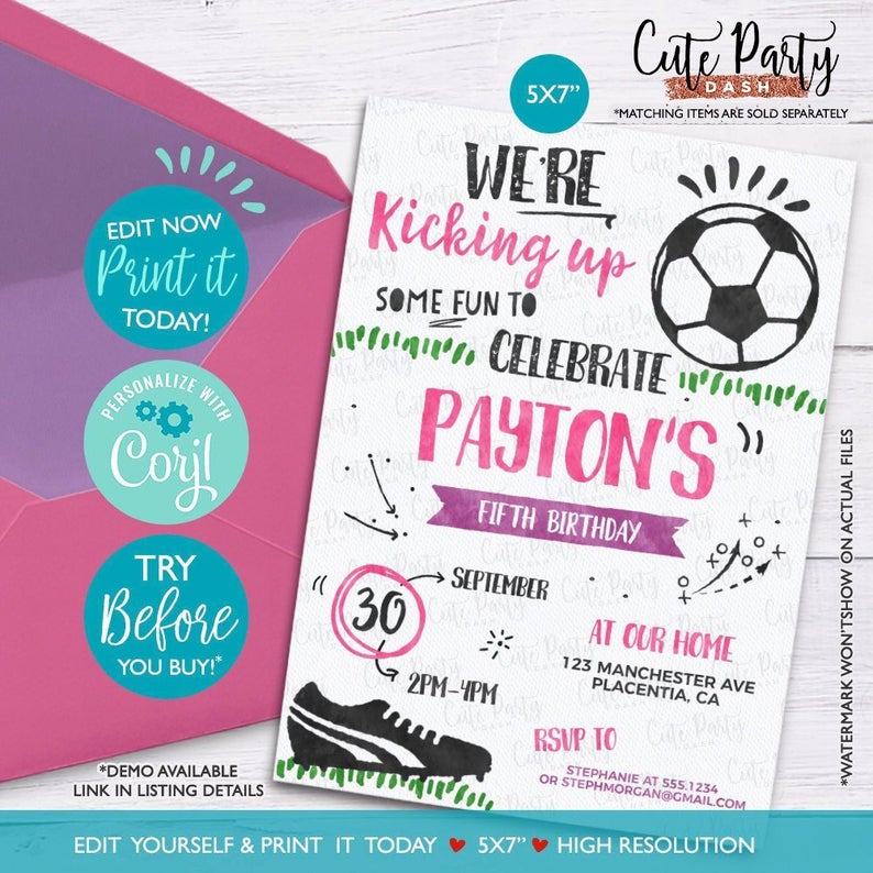 INSTANT DOWNLOAD – EDITABLE Soccer Birthday Party invitations Girl Pink soccer Birthday printable invitations editable corjl invitations