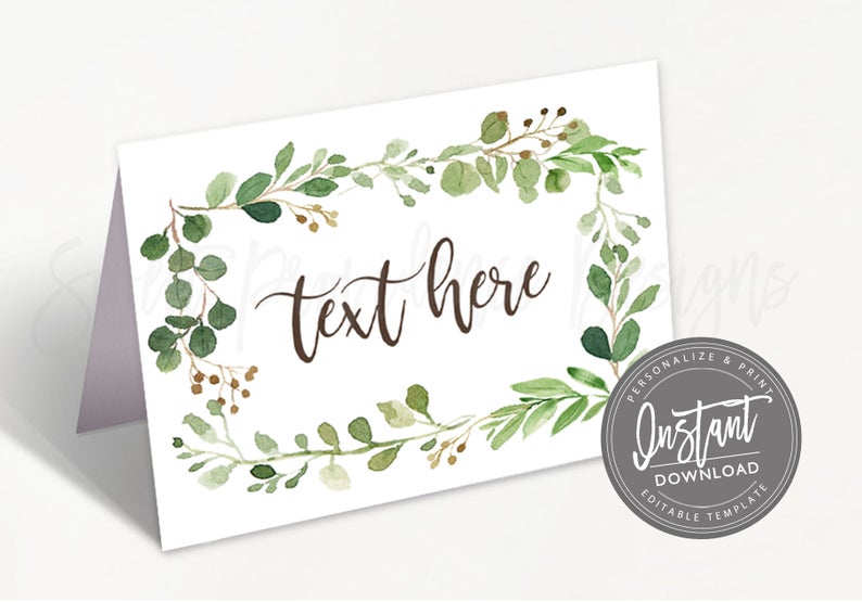 Greenery Food Tent, Editable Baby or Bridal Shower Name Place Cards, Folded tent card, greenery shower Printable Template, Instant Access