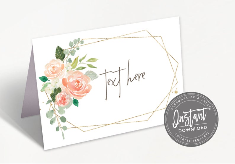 Peach Gold Floral Food Tent, Editable Baby Bridal Communion Place Card, Folded tent card, floral shower Printable Template,Instant Access