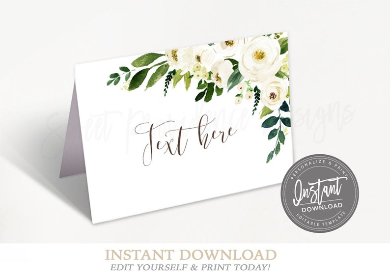 Floral Food Tent, Editable Baby or Bridal Shower Name Place Cards, Folded tent card, floral shower Printable Template, Instant Access