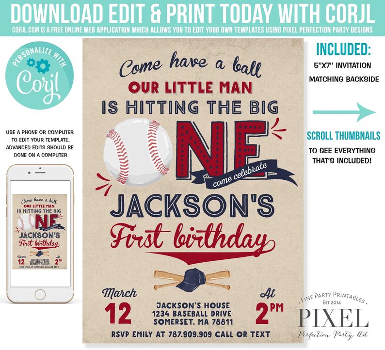 Baseball Invitation Baseball Birthday Invitation Baseball 1st Birthday Invite Vintage Baseball 1st Birthday Instant Editable File Corjl J2