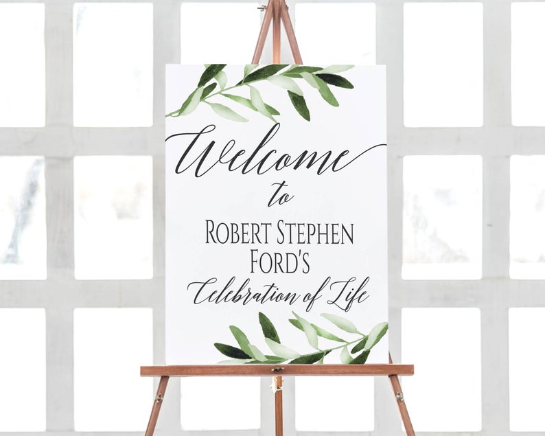 Welcome Sign Celebration of Life, Printable, Funeral Memorial Sign, Greenery Olive Foliage, Editable Template Corjl, GOB