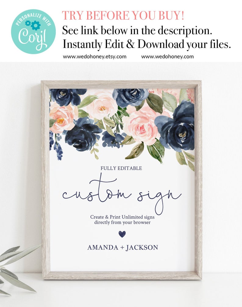 Floral Navy and Blush Pink Custom Sign Template, Personalized, Guest Book, Cards and Gifts, Fully Editable Text 5×7” and 8×10” #021_4
