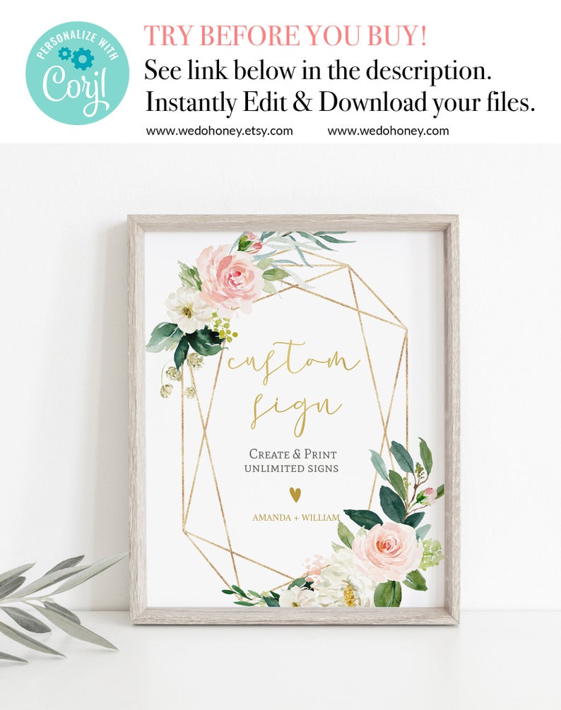 Blush Gold Floral Custom Sign Template, Instant Download, Editable Text #058