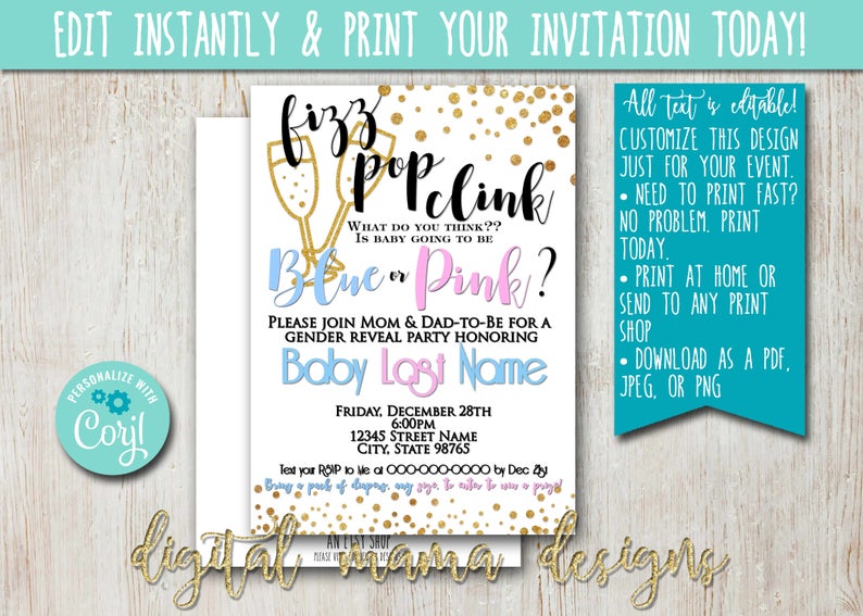 INSTANT ACCESS – Gold Glitter Gender Reveal Invitation – New Years Cheers Gender Reveal Invite – Champagne New Year Baby Shower Invitation