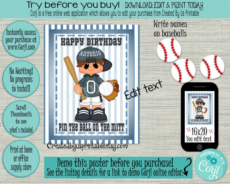 EDITABLE Pin the ball on the mitt game INSTANT DOWNLOAD Baseball birthday party Baseball Baby Shower Game ideas Printable Diy 16×20 Corjl