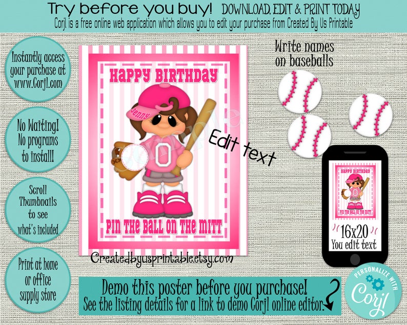 EDITABLE Pin the ball on the glove game INSTANT DOWNLOAD Baseball birthday party Baseball Baby Shower Game ideas Printable Diy 16×20 Corjl