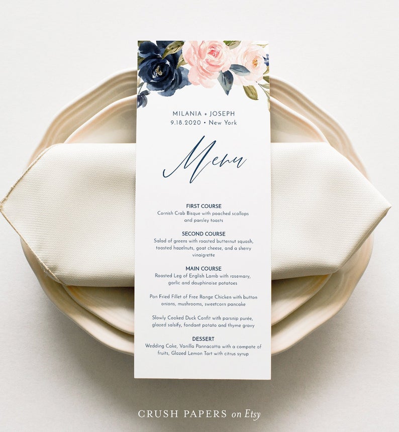 Menu Template, Boho Navy and Blush Florals, Printable Wedding Menu, DIY Bridal Shower Menu, 100% Editable Text, INSTANT DOWNLOAD #002-202WM