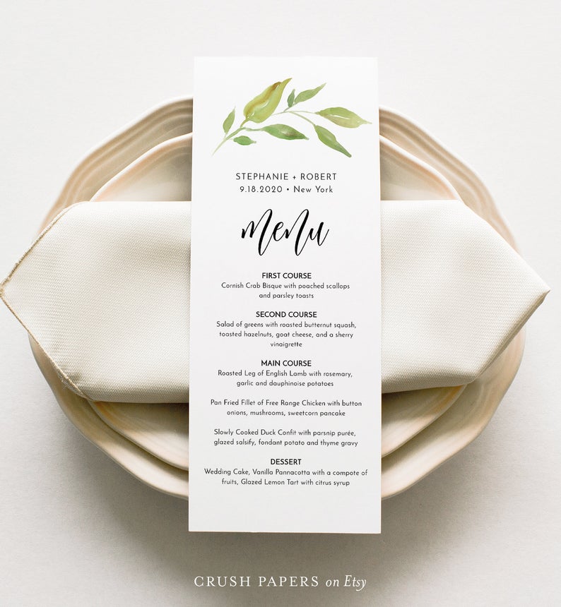 Greenery Wedding Menu Template, Printable Dinner Menu Card, Boho Bridal Shower Menu, 100% Editable Text, INSTANT DOWNLOAD #003-204WM