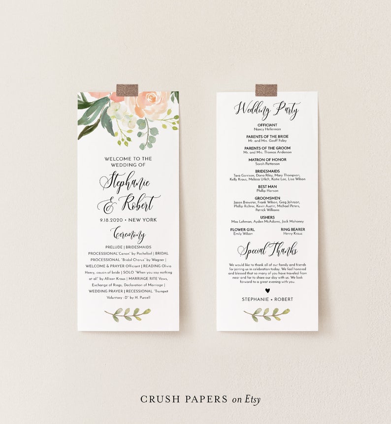 Boho Wedding Program Template, Printable DIY Order of Service, Watercolor Peach Florals, Editable Text, INSTANT DOWNLOAD, Corjl #003-203WP