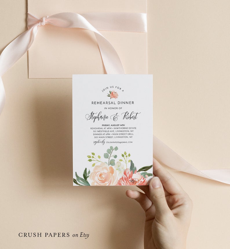 Rehearsal Dinner Invitation Template, Peach Floral & Greenery Wedding Rehearsal Invite, Editable Text,Instant Download, Corjl #003-203RD