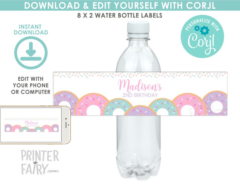 Donut Water Bottle Labels, EDITABLE, Donut Birthday Party, Sprinkles Birthday, Donut Birthday Decoration, Water bottle labels, EDIT YOURSELF