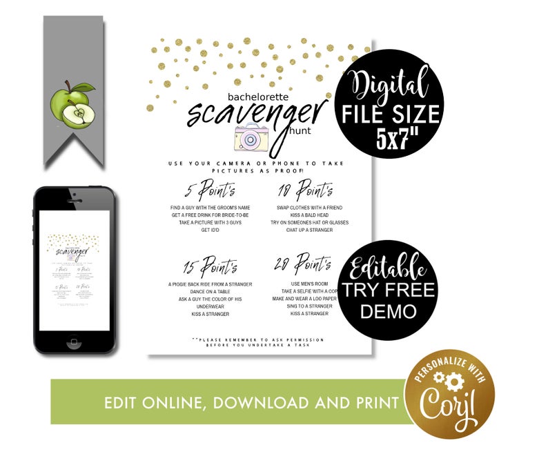 bridal scavenger hunt game, bridal shower, baby shower, editable shower game, gold, glitter, bachelorette, bridesmaid game, party BR1, BY1