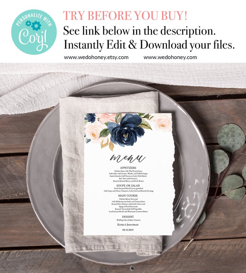 Boho Floral Wedding Menu Template, Navy and Blush, Fully Editable Text, 5×7 and 3.75×9” #021