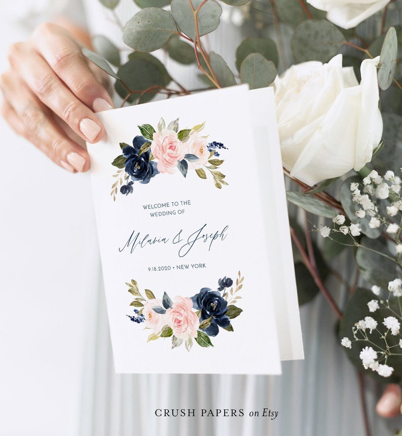 Wedding Program Template, Printable Folded Program, Order of Service, Navy & Blush Wedding Ceremony, INSTANT DOWNLOAD, Corjl #002-401WP
