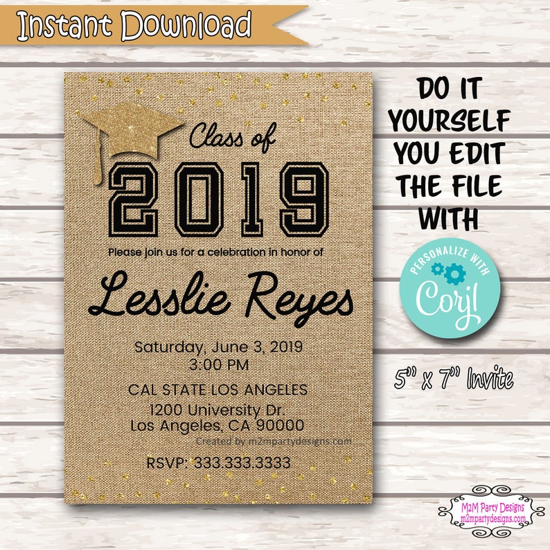 Graduation Invitation, School Graduation Invitations Template, College Burlap Grad Digital file, Instant Download DIY Editable Corjl
