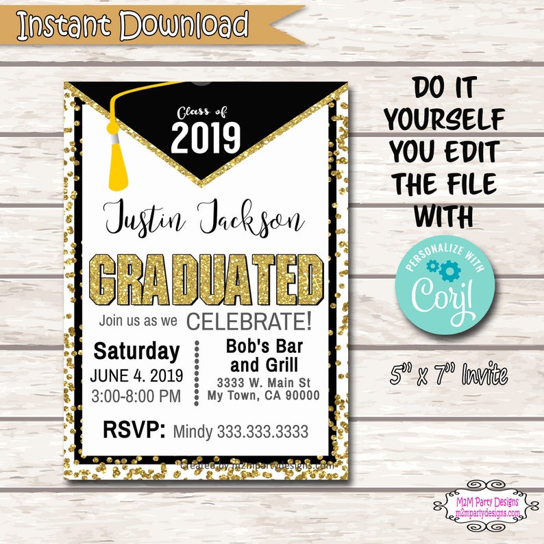 Graduation Invitation, School Graduation Invitations Template, College Grad Digital file, Black and Gold Instant Download DIY Editable Corjl