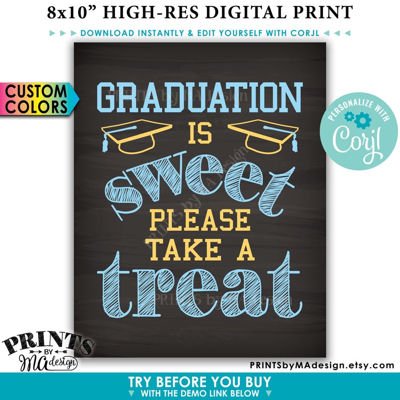 Graduation is Sweet Please Take a Treat Candy Bar Sign, PRINTABLE Chalkboard Style 8×10” Grad Party Decoration