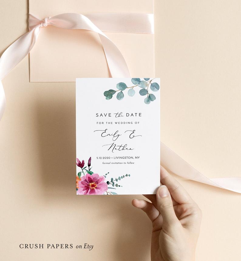 Garden Save The Date Template, Printable Peony & Eucalyptus Wedding Save the Date Card, Editable Text, Instant Download, Corjl #005-204SD