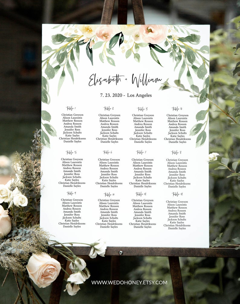 Blush and Greenery Floral Seating Chart Template, Instant Download, Editable Text, Sizes: 18×24” 20×30” and 24×36” #BLS049