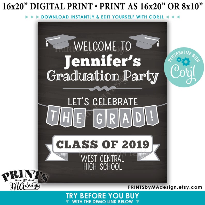 Graduation Party Decorations, Welcome to the Graduation Party, PRINTABLE 8×10/16×20” Chalkboard Style Sign