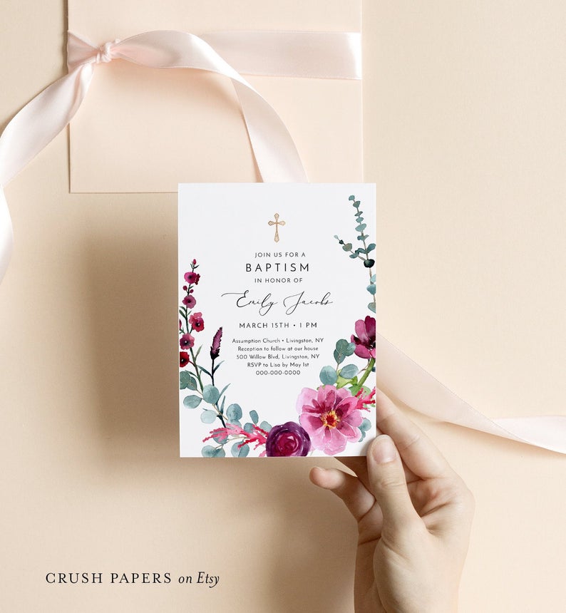 Garden Baptism Invitation Template, Watercolor Florals & Greenery, Printable Christening Invite, Editable, Instant Download, Corjl 005-206BC