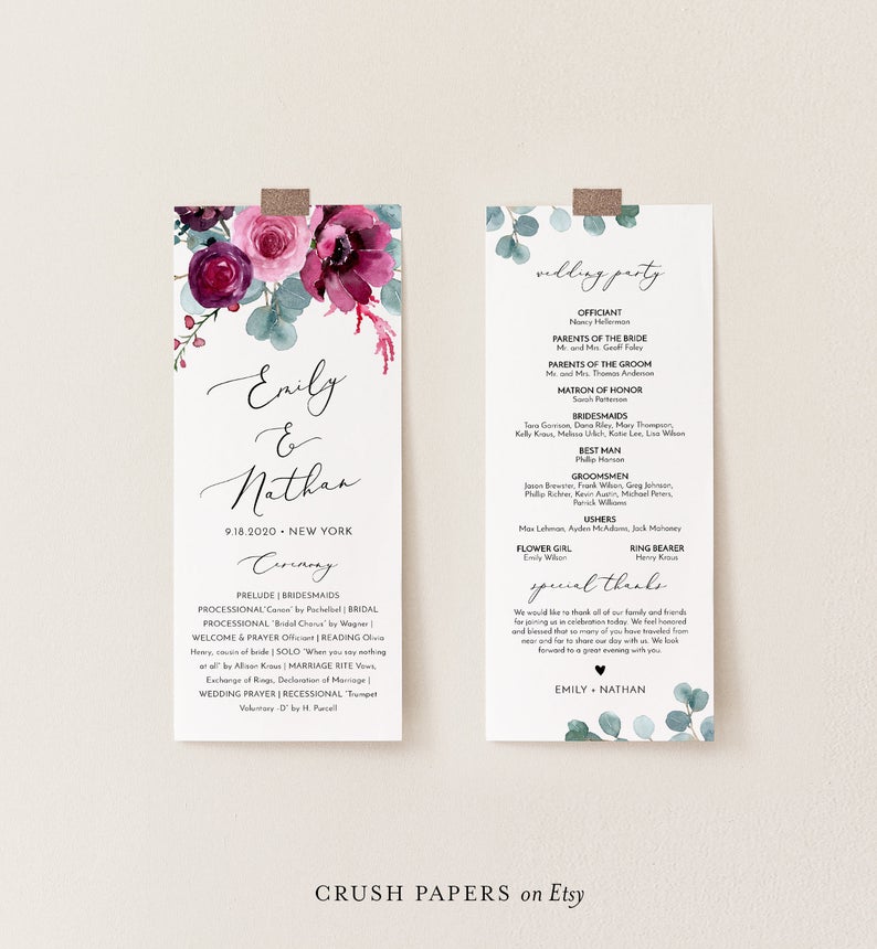 Garden Wedding Program Template, Printable DIY Order of Service, Editable Text, Pink Peony & Rose, INSTANT DOWNLOAD, Corjl #005-204WP