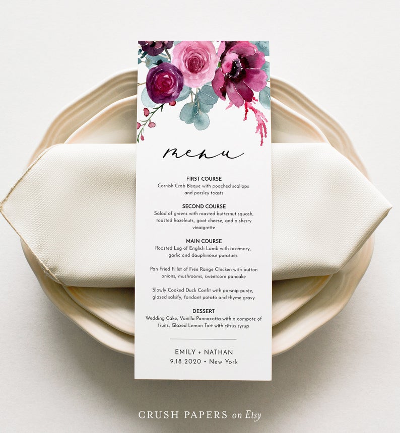 Garden Wedding Menu Template, Rose & Peony, Printable Dinner Menu, Bridal Shower Menu, Editable Text, INSTANT DOWNLOAD, Corjl #005-205WM