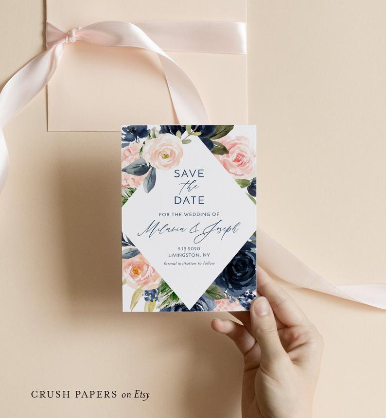 Wedding Save The Date Template, Printable Navy & Blush Floral Save the Date Card, Editable Text, Instant Download, Corjl, 4×6 #002-202SD
