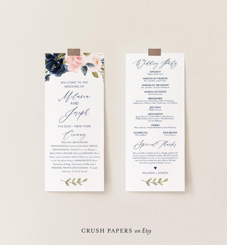 Wedding Program Template, Printable DIY Order of Service, Boho Navy and Blush Florals, Editable Text, INSTANT DOWNLOAD, Corjl #002-202WP