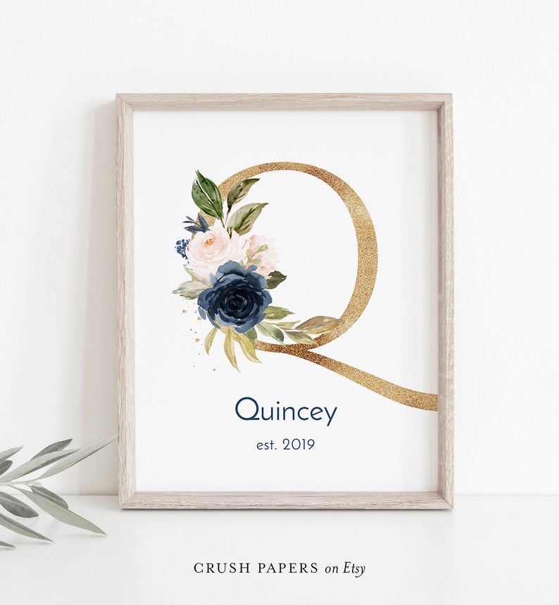 Q Monogram, Anniversary Gift, Custom Family Name Print, Kid Room Sign, Baby Room Wall Art, Navy & Blush Florals, INSTANT DOWNLOAD #002M-Q