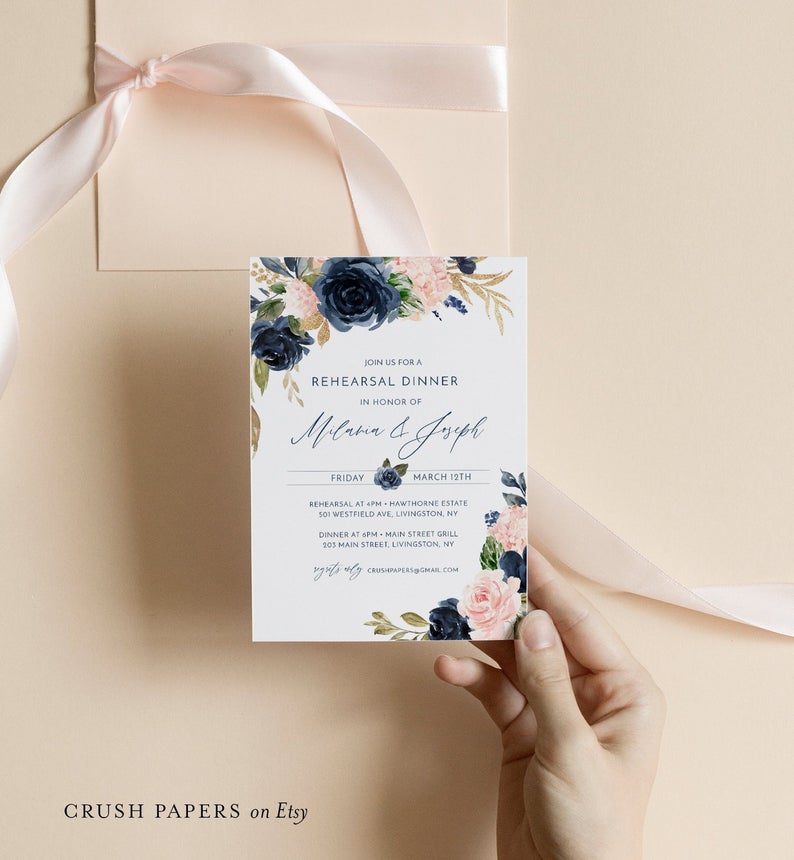 Rehearsal Dinner Invitation Template, Navy & Blush Floral Wedding Rehearsal Invite, 100% Editable Text,Instant Download, Corjl #002-202RD