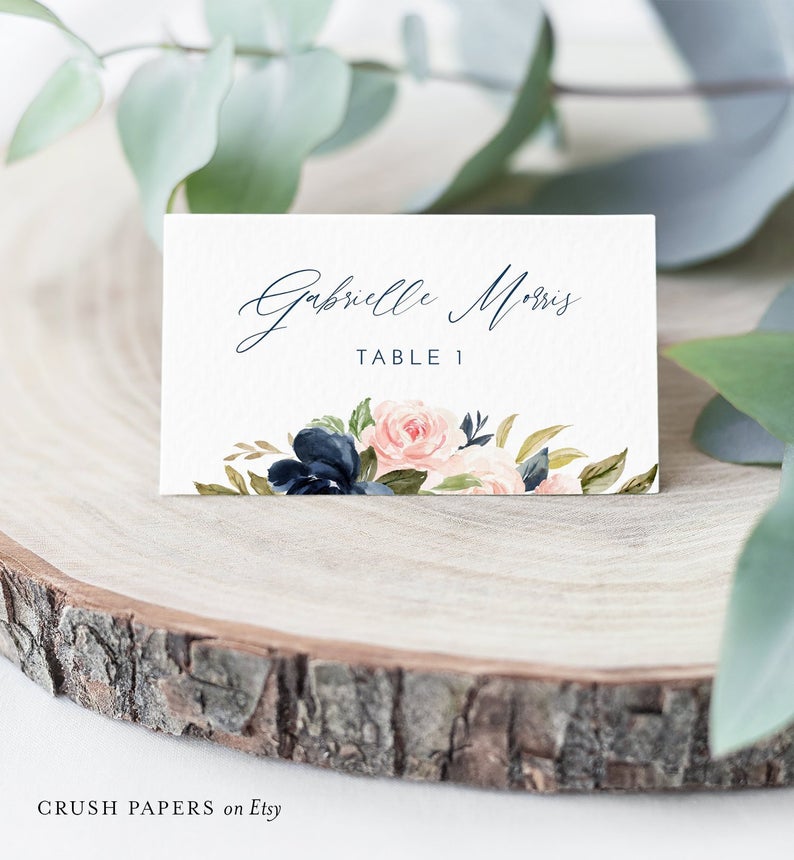 Wedding Place Card Template, Printable Escort Card, Editable Name Cards, Navy & Blush Floral, Editable, Instant Download, Corjl #002-202PC