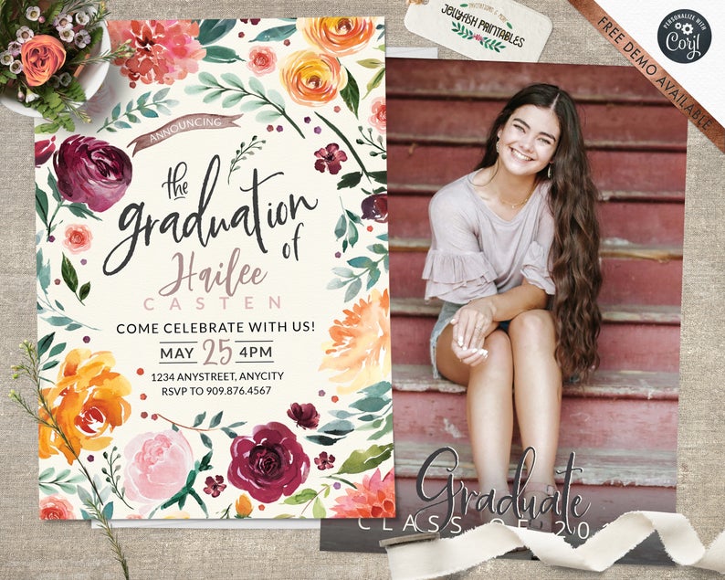 Floral Photo Graduation Invitation | Graduation Party Invite | Graduation Announcement | PRINTABLE | PRINTED | Template | Peach | Plum