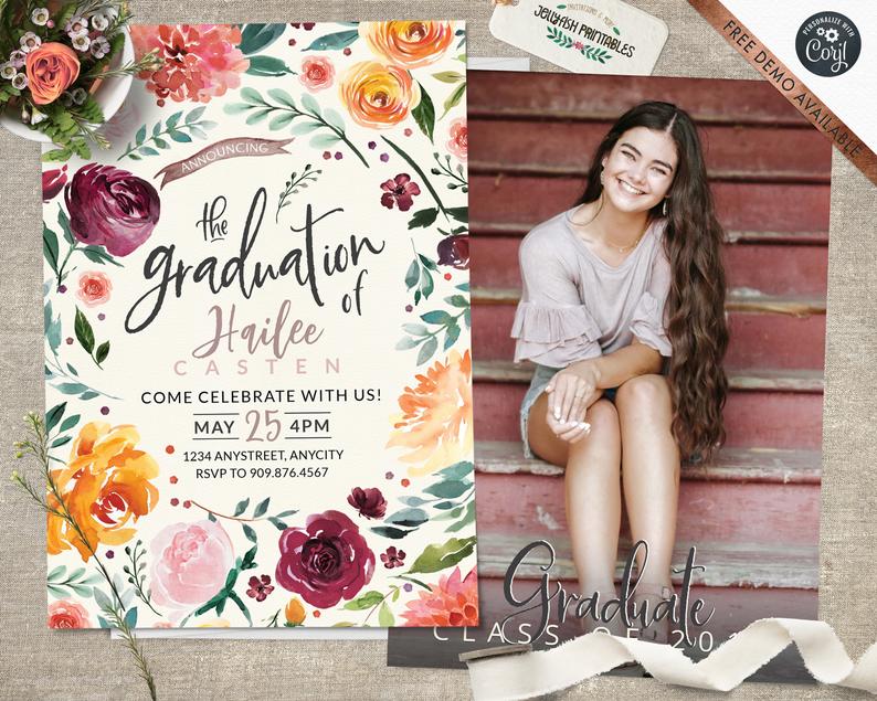 Floral Photo Graduation Invitation | Graduation Party Invite | Graduation Announcement | PRINTABLE | PRINTED | Template | Peach | Plum