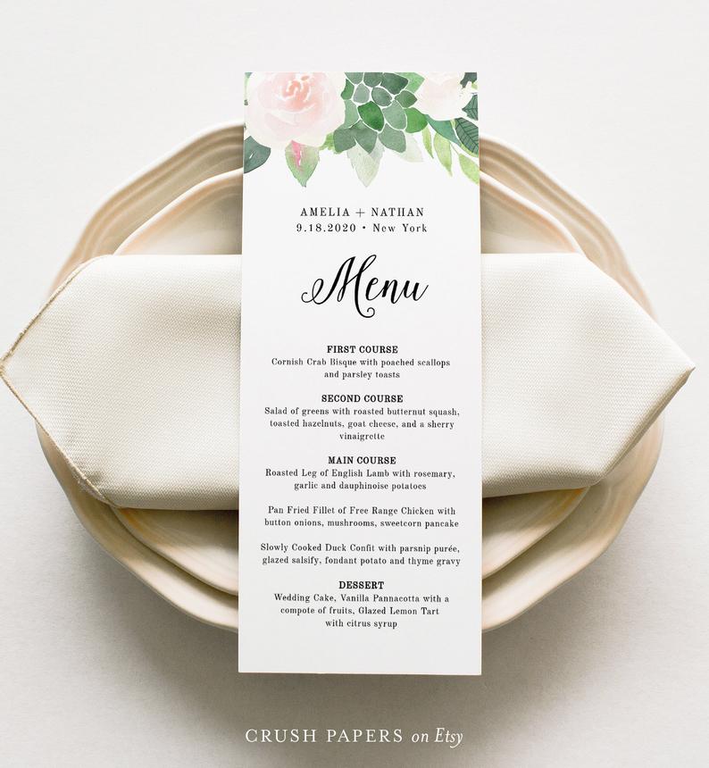 Wedding Menu Template, Succulent and Blush Florals, Printable Dinner Menu, Bridal Shower Menu, Editable Text, INSTANT DOWNLOAD #001-201WM