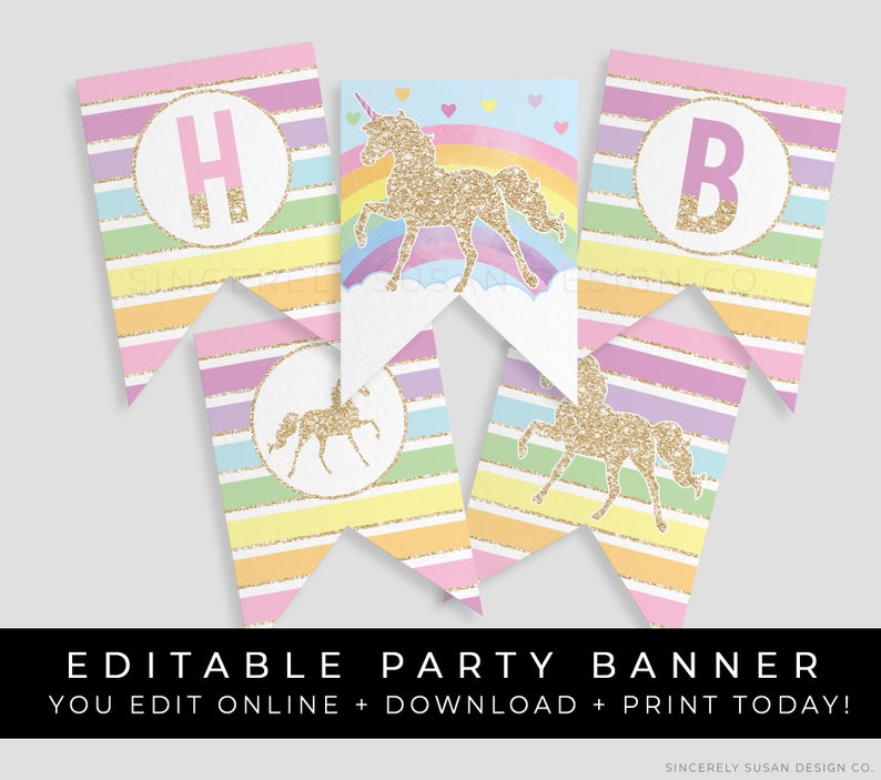 Rainbow Unicorn Birthday Banner Magical Unicorn Party Decorations Rainbow Hearts Glitter Unicorn Editable Printable Bunting, Corjl #018