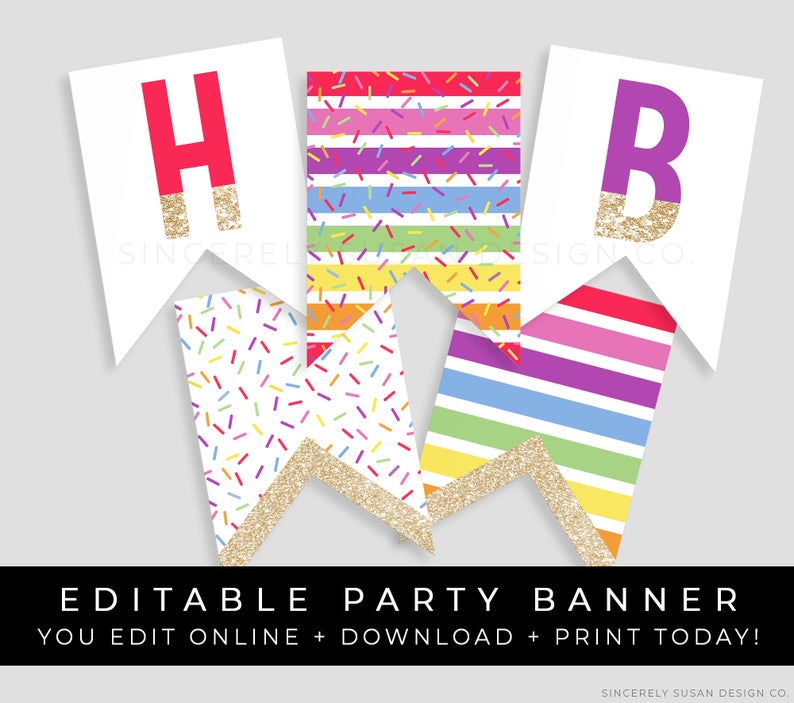 Rainbow Sprinkles Birthday Banner Printable, Rainbow Confetti Glitter Happy Birthday Party Decorations Editable Banner Bunting, Corjl #019